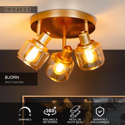 Lucide BJORN - Spot plafond - Ø 38 cm - 3xE14 - Or Mat / Laiton